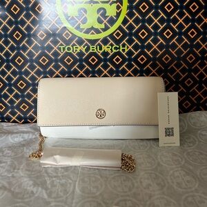 Tory Burch Emerson Colorblock Wallet on a Chain Crossbody Bag Brie Almond Flour